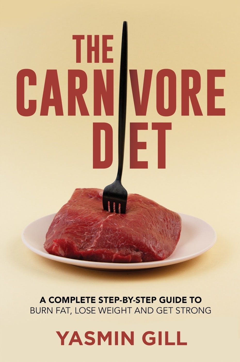 book cover trends example: tan book cover with red text and a steak with a long fork in it