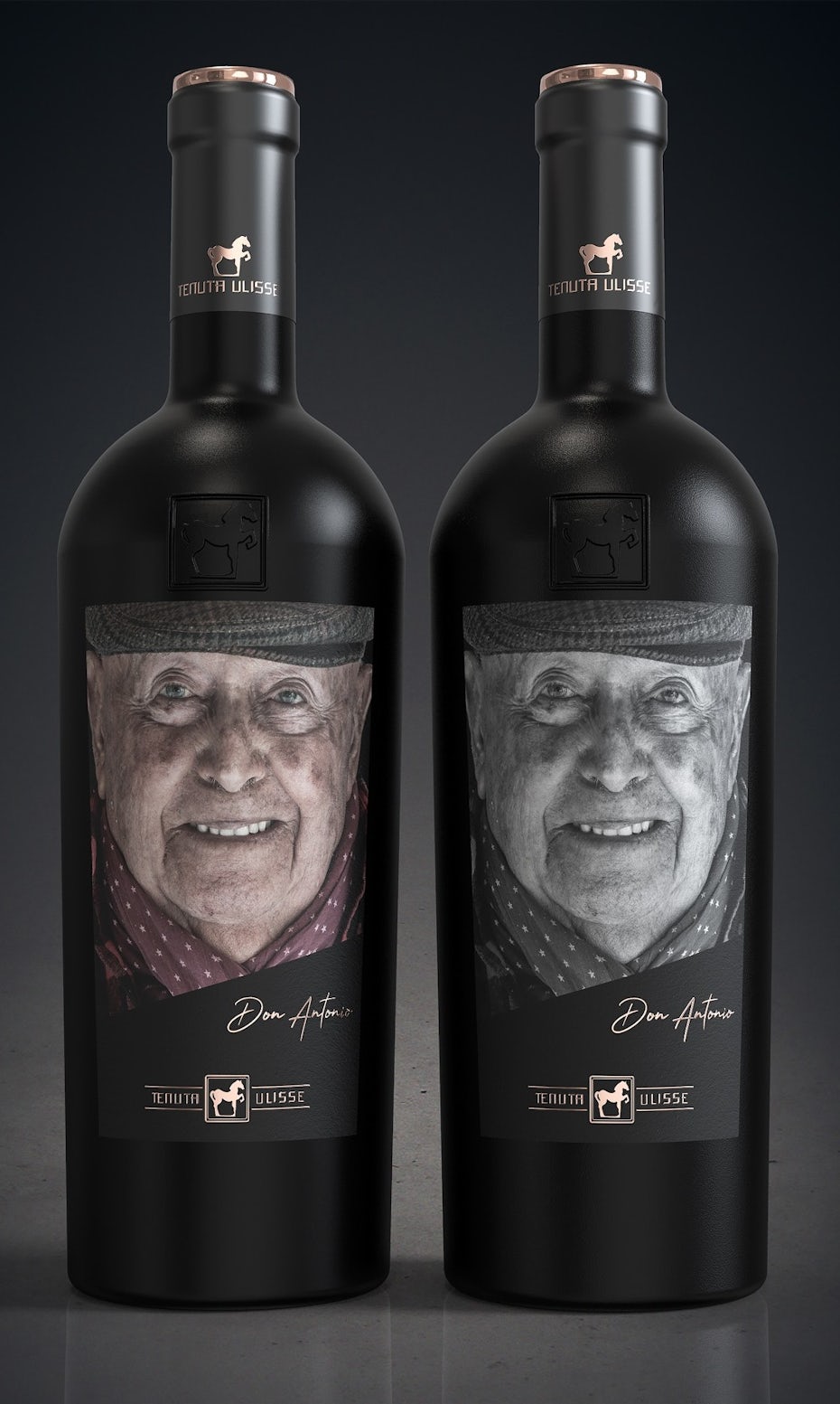 Diseño de etiqueta de vino con retrato fotográfico.