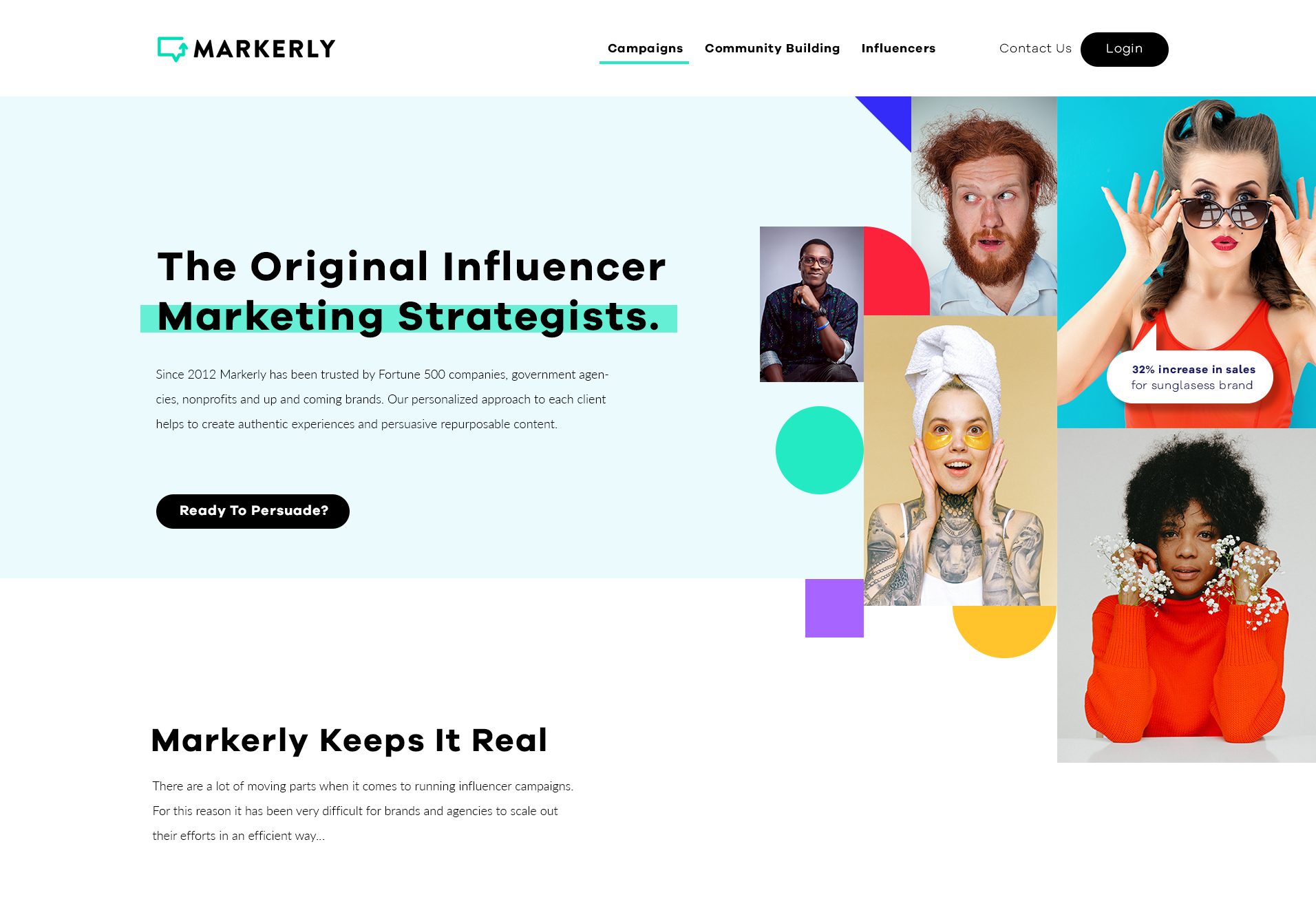 Influencer marketing web page design with abstract art elements