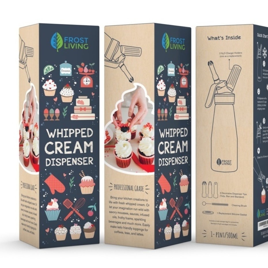 tiny illustration packaging design trend: box for whipped cream dispenser showing cupcakes and baking tools