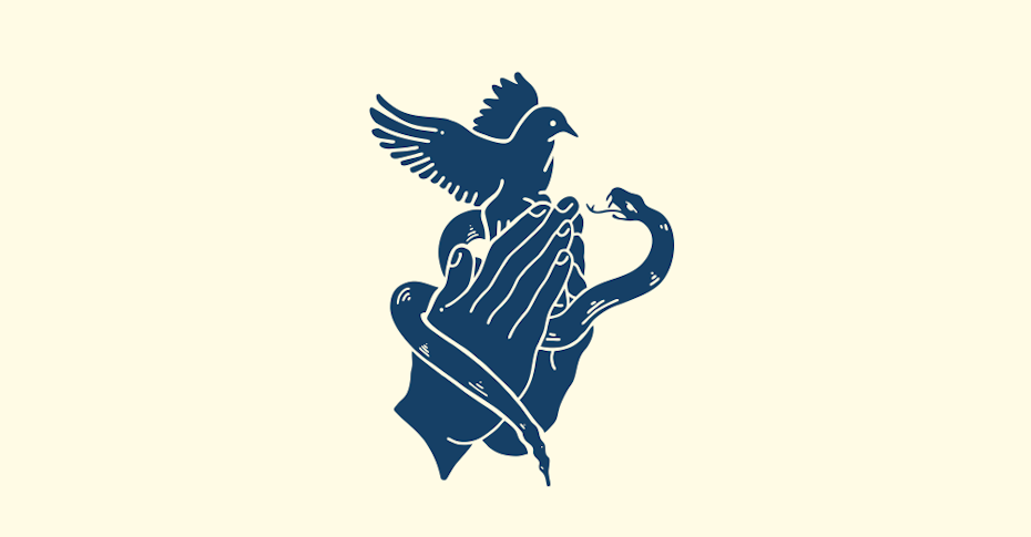 Diseño de logotipo dibujado a mano que muestra manos rezando alrededor de una serpiente y una paloma