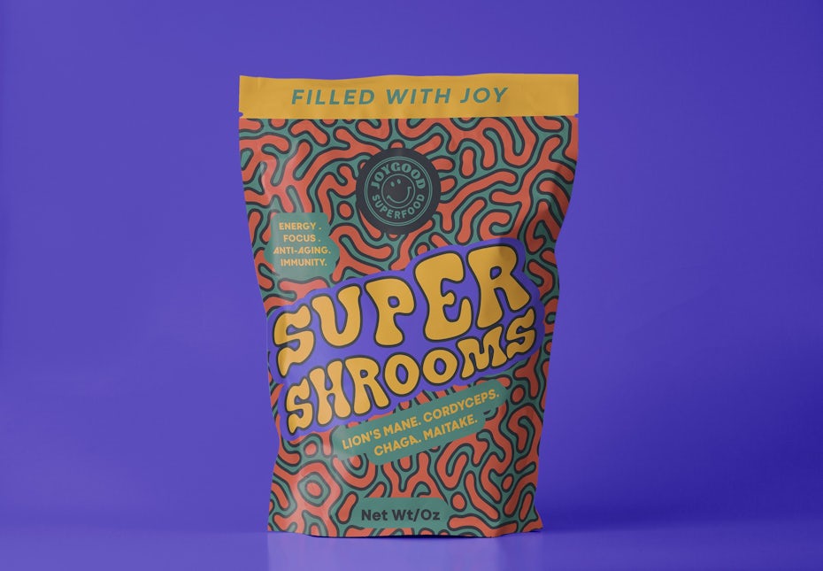 Colorful 70s style mushroom pouch packaging design