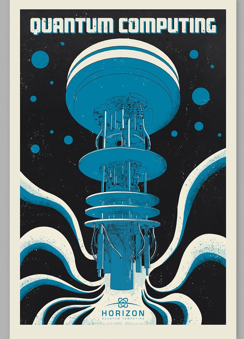 Blue retro futuristic poster design for computing brand