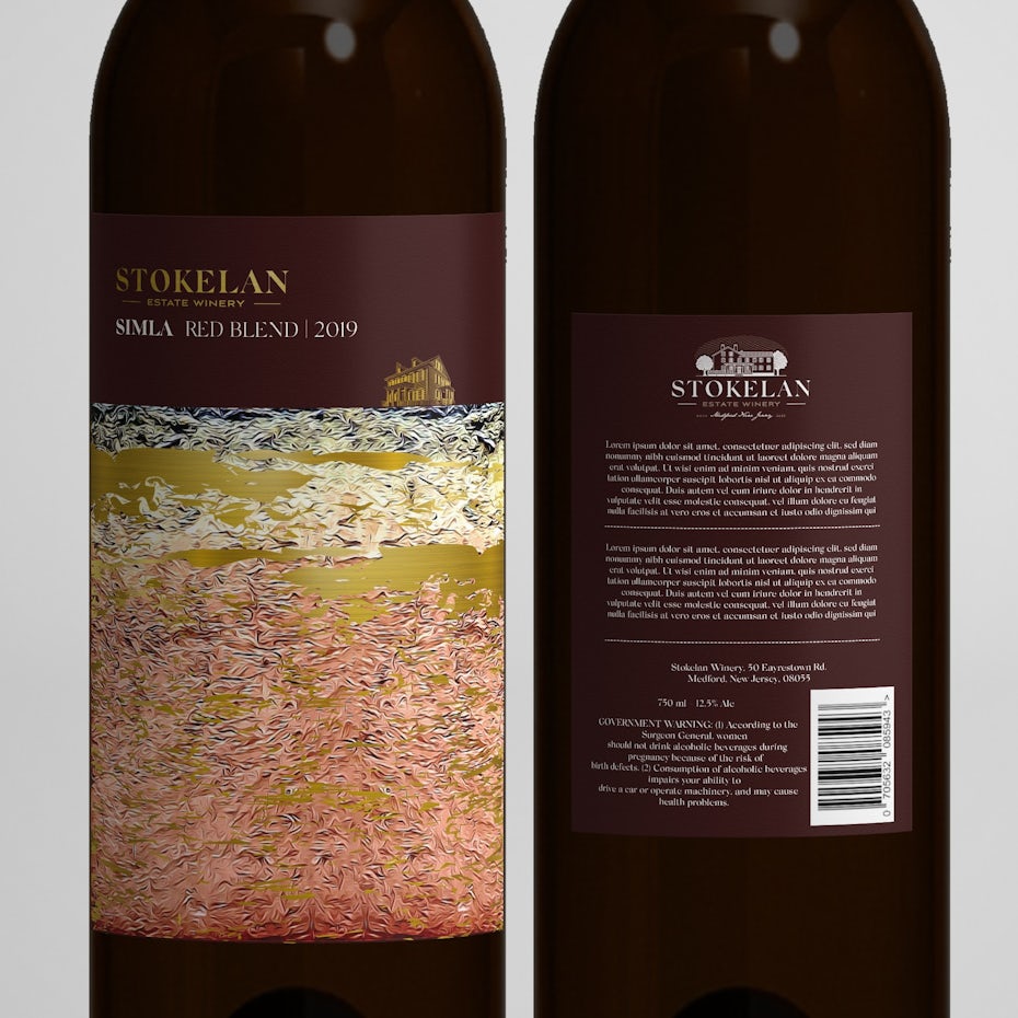 wine label in purple, gold, pink and white with gold text