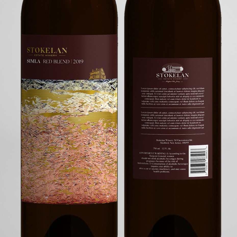 fine art packaging design trend: wine label in purple, gold, pink and white with gold text