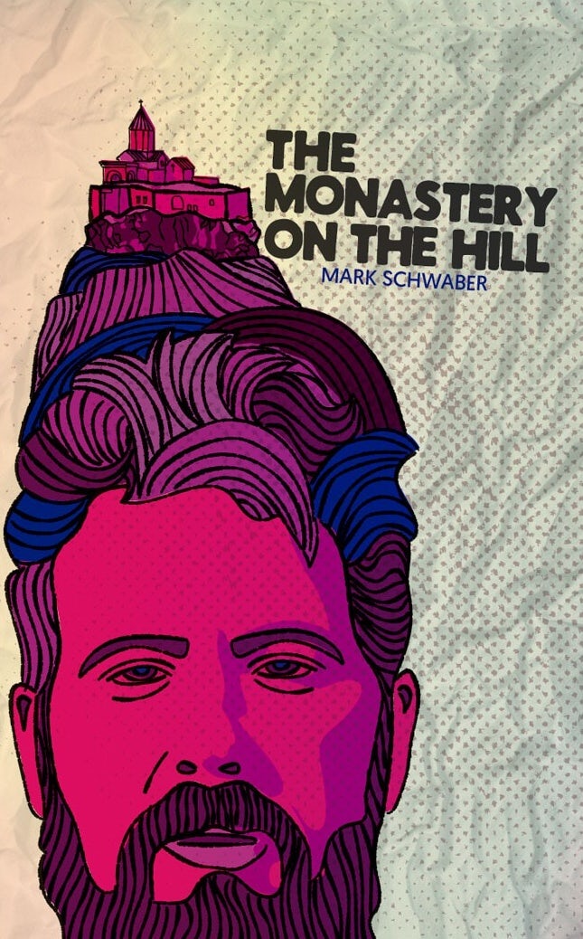 Illustration of a man’s head in pink with a castle on his head