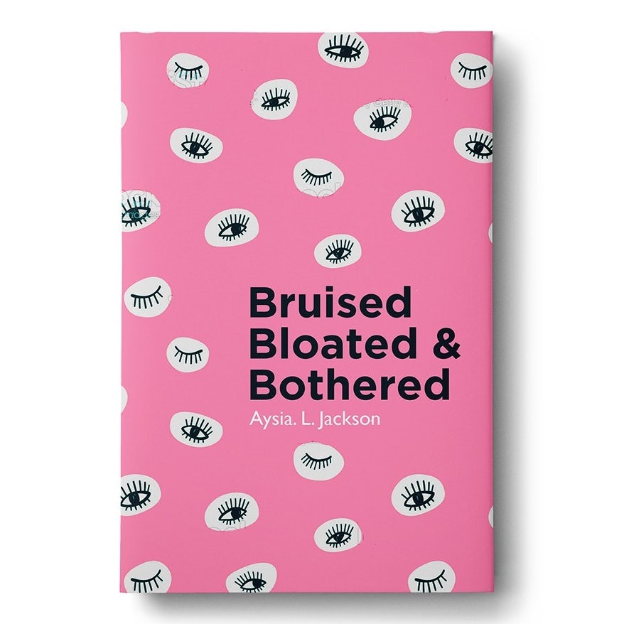 pink book cover with line-drawn eyes against white circles