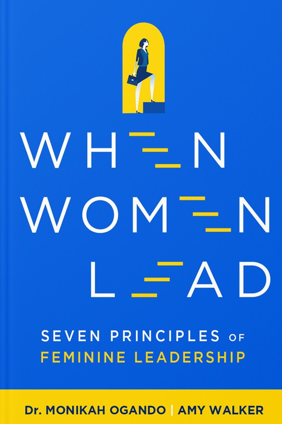 book cover trends example: blue book cover with yellow text and an illustration of a woman standing in a doorframe