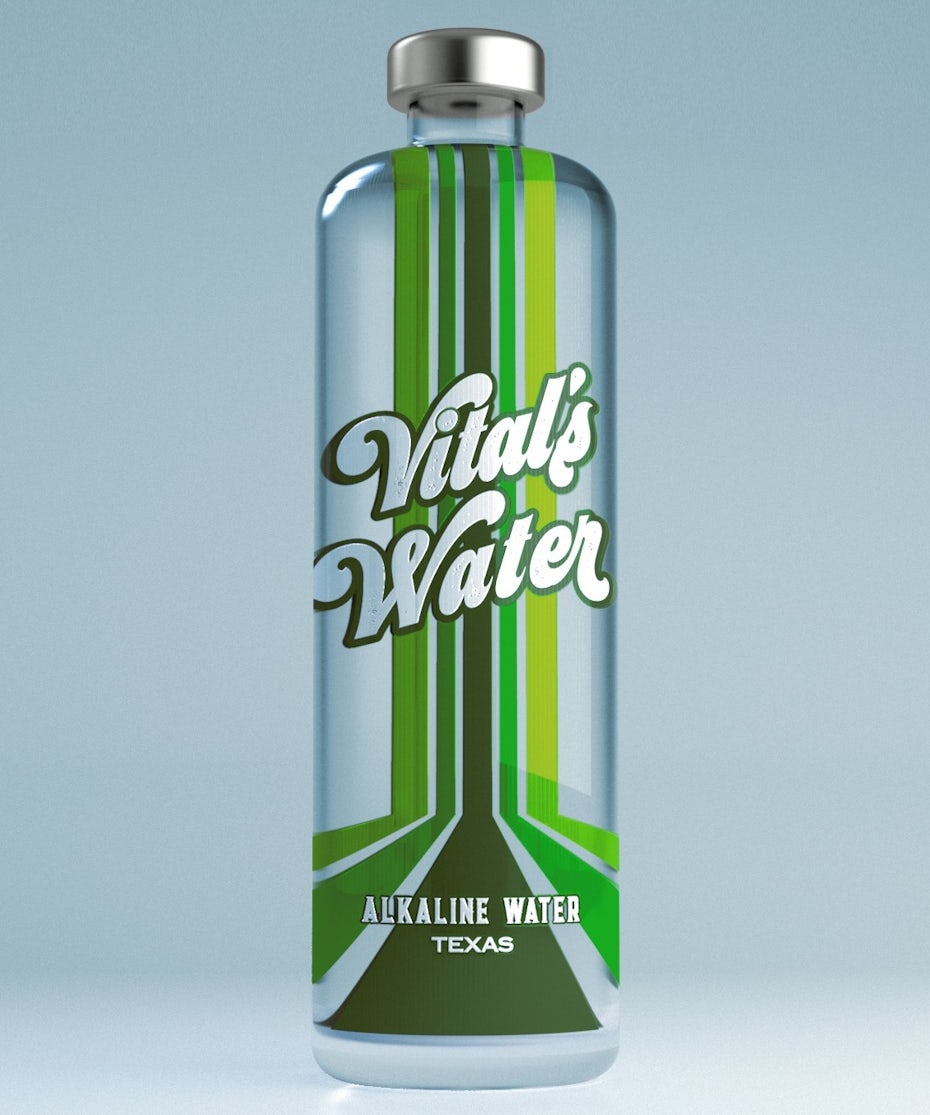 name-focussed packaging design trend: clear water bottle with a bold label and green stripe design