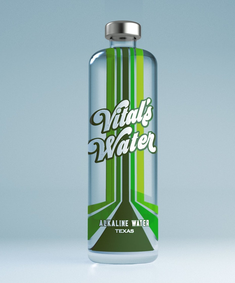 clear water bottle with a bold label and green stripe design