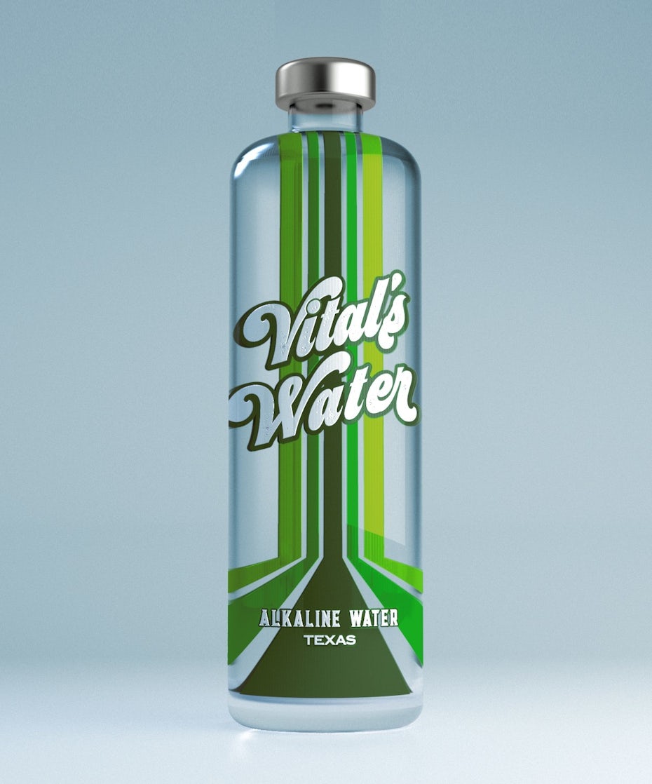 clear water bottle with a bold label and green stripe design