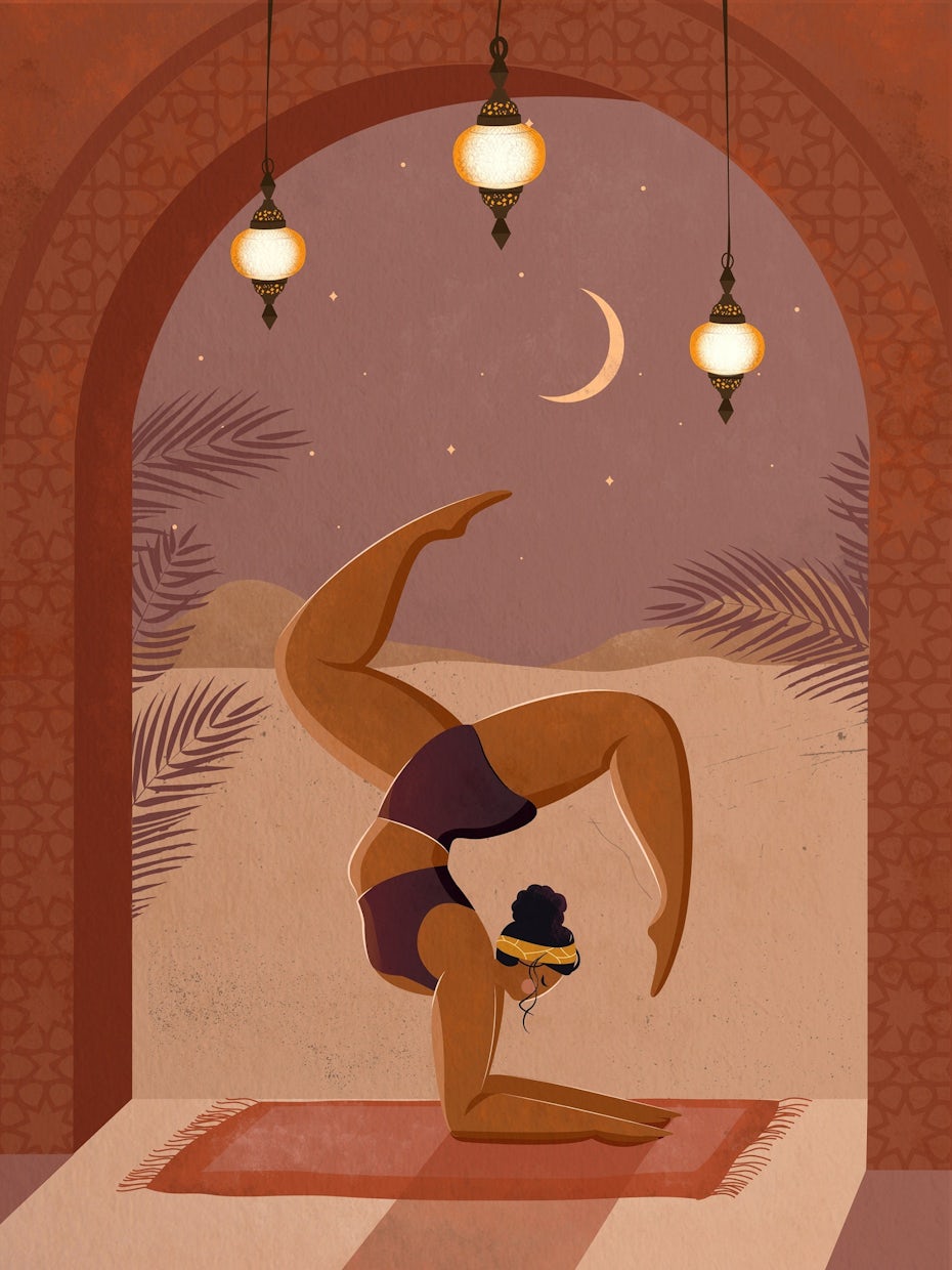 semiflat illustration of a woman doing yoga in a doorway