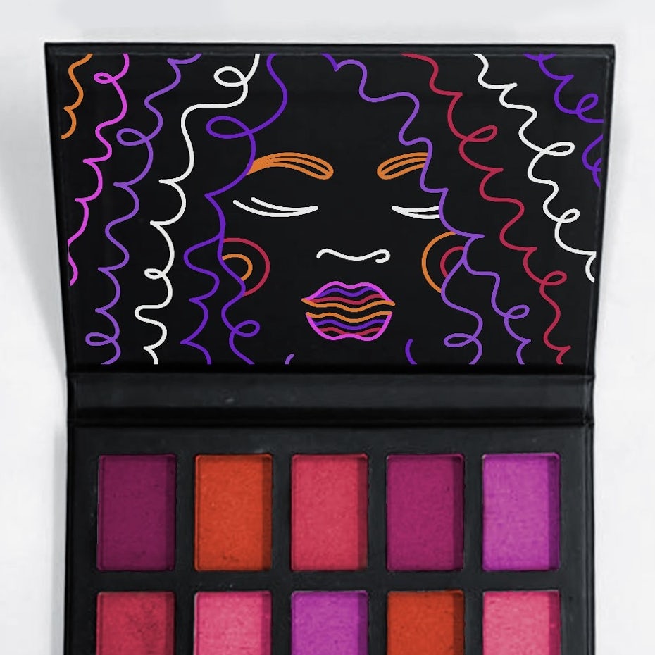 makeup palette design of a black background with a face created in different-colored squiggles