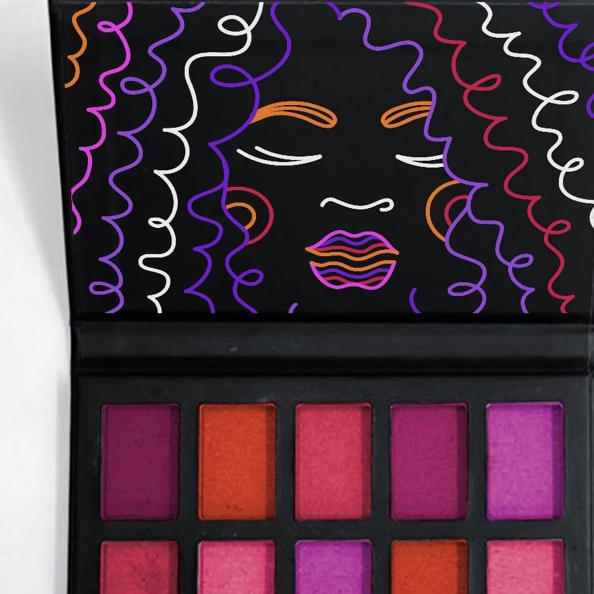 makeup palette design of a black background with a face created in different-colored squiggles