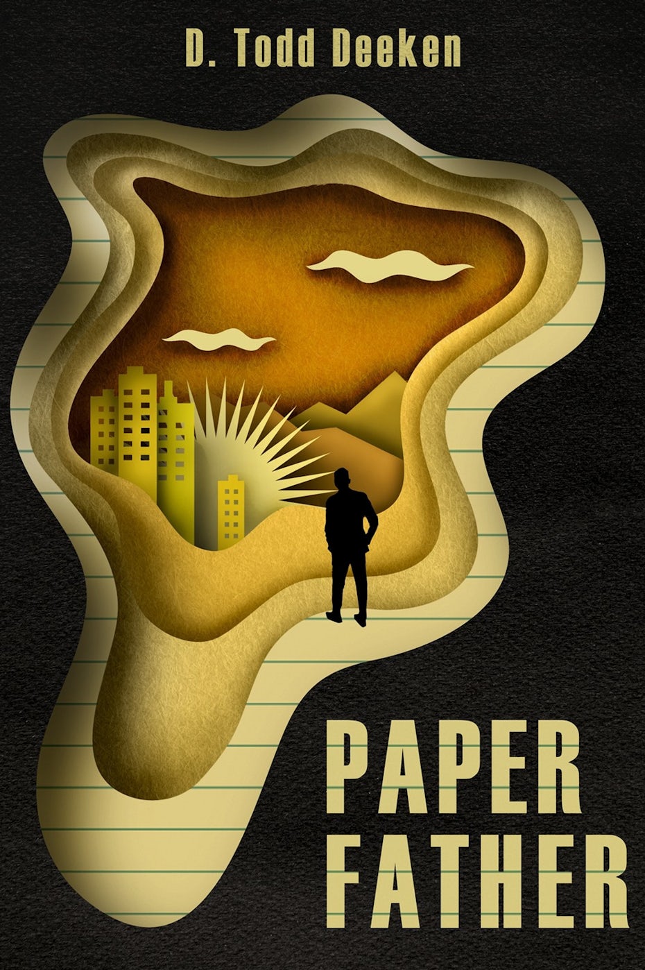 black book cover with yellow papercut image of a man looking into a landscape