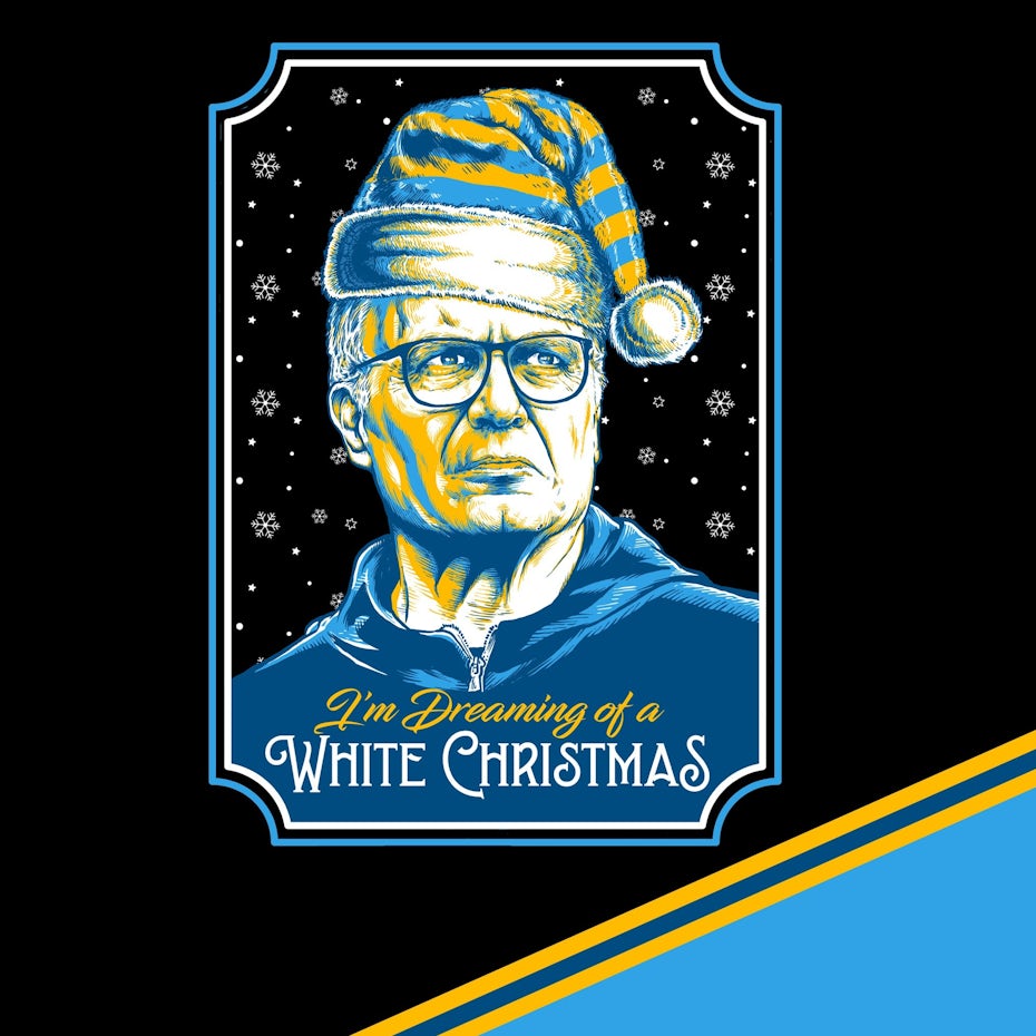 illustration of a man in blue and yellow, wearing a Santa hat