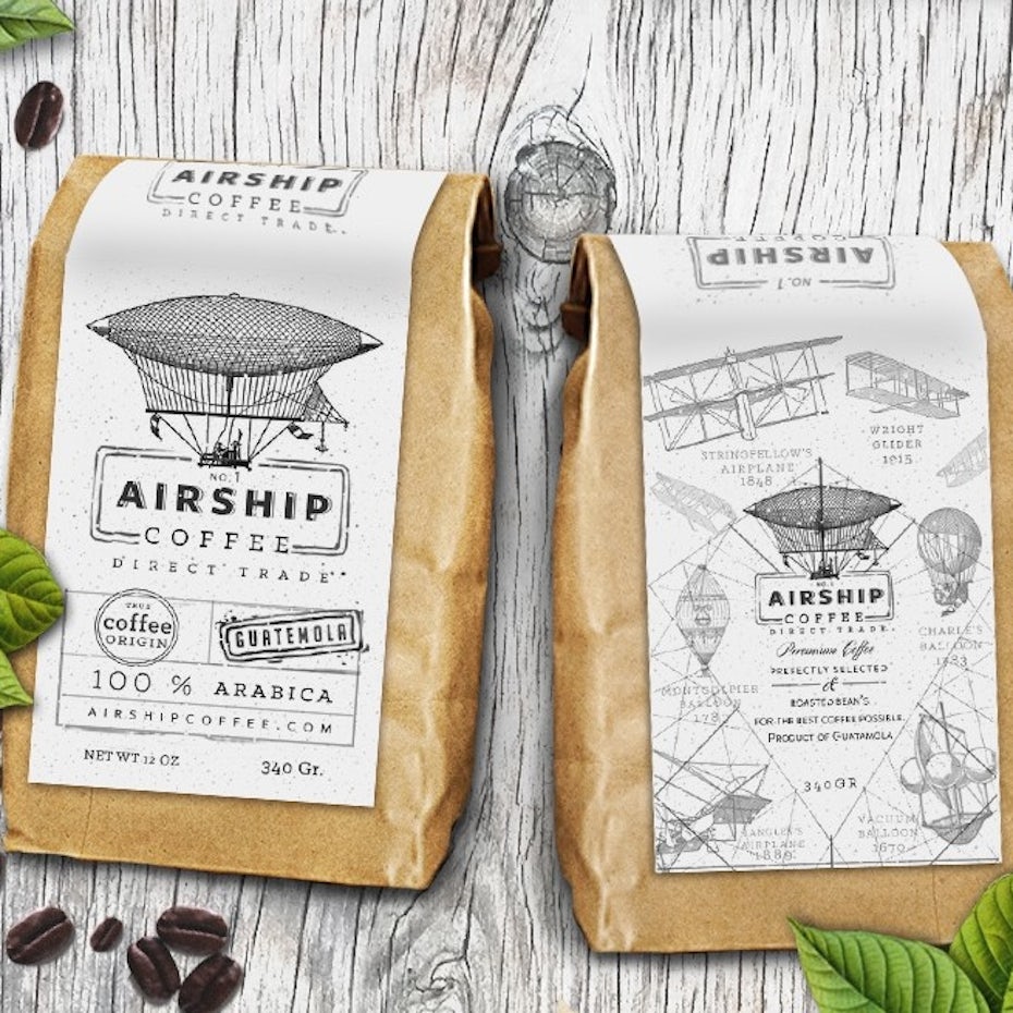 technical drawing packaging design trend: coffee bean packaging showing illustrations of airships