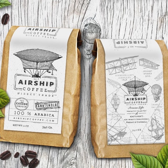 coffee bean packaging showing illustrations of airships