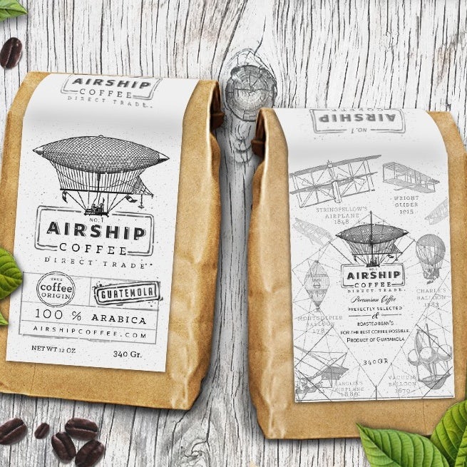 coffee bean packaging showing illustrations of airships