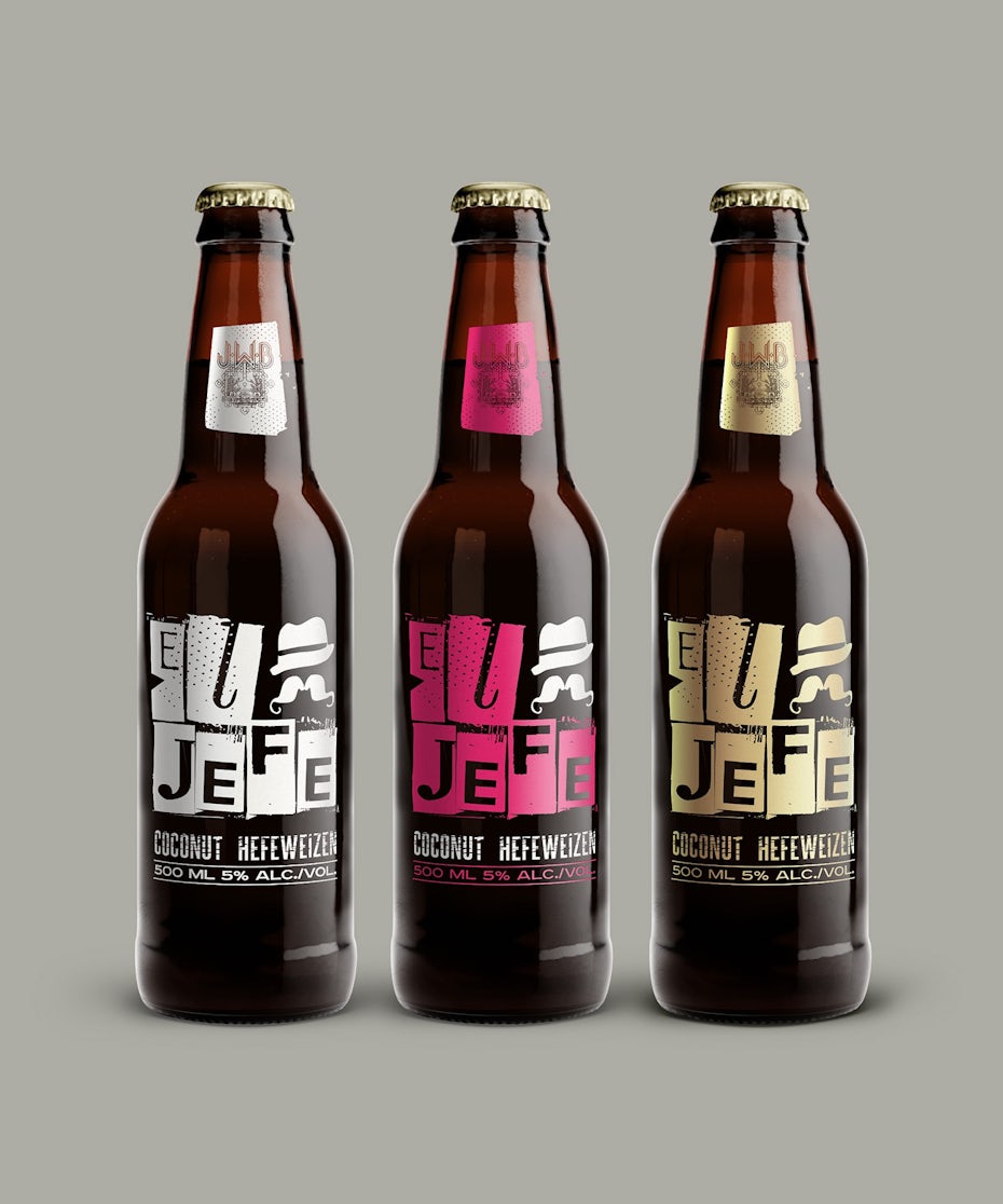 name-focussed packaging design trend: three beer bottles with eclectic font designs