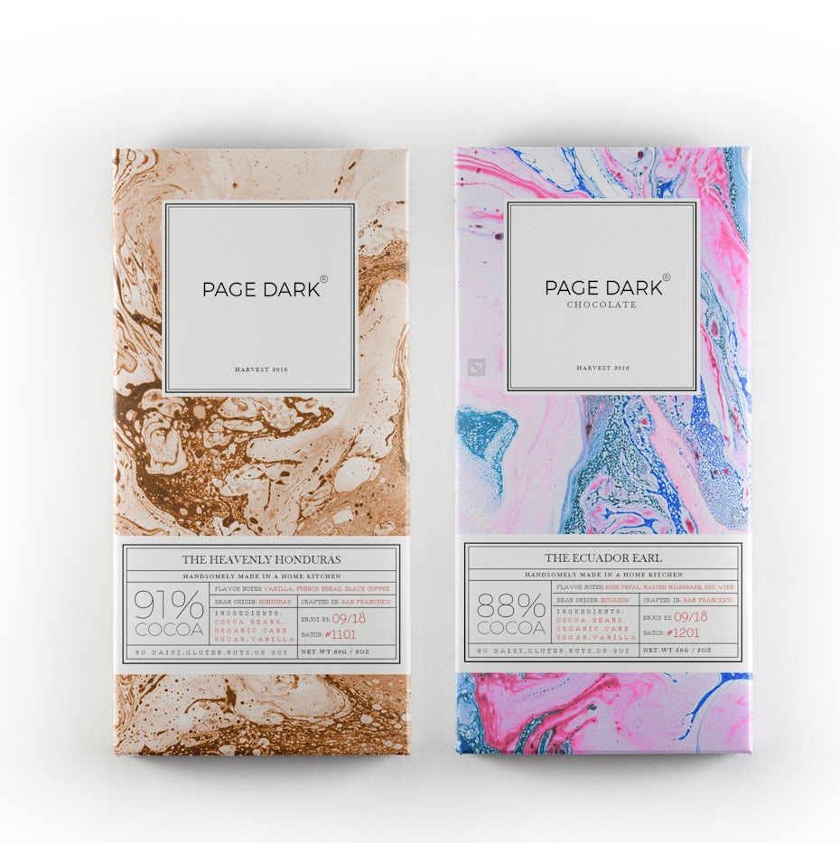 fine art packaging design trend: two chocolate bar packagings, one brown and white and the other multicolored, side by side