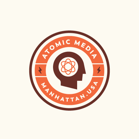 Diseño de logotipo atómico retro futurista para marca de medios