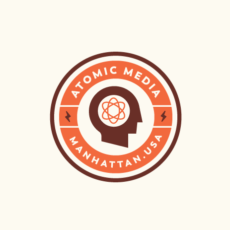 Retro futuristic atomic logo design for media brand