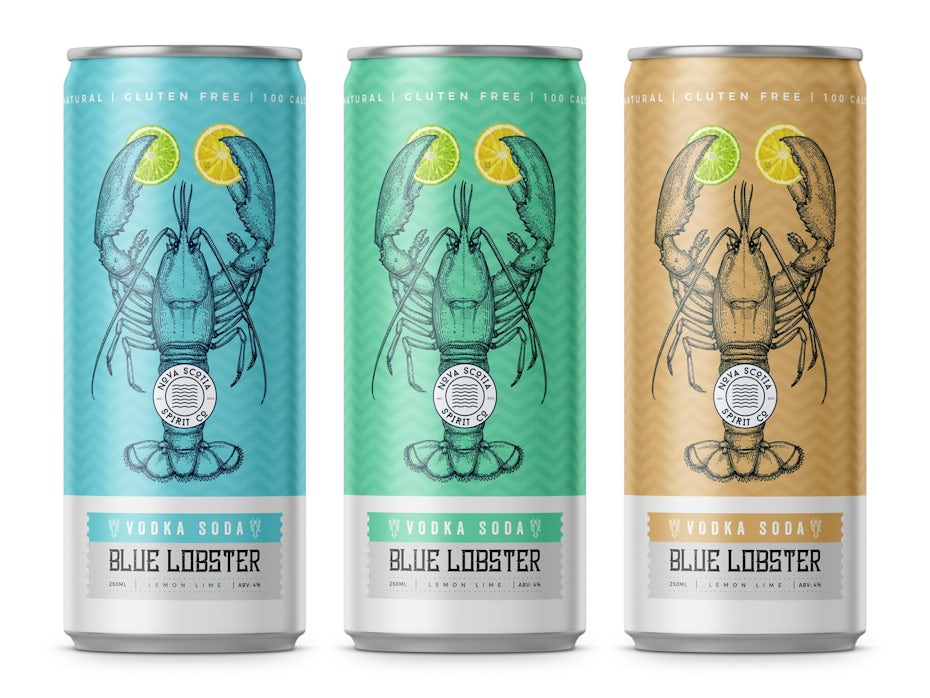 anatomical drawing packaging design trend: three cans side by side, each with a lobster illustration