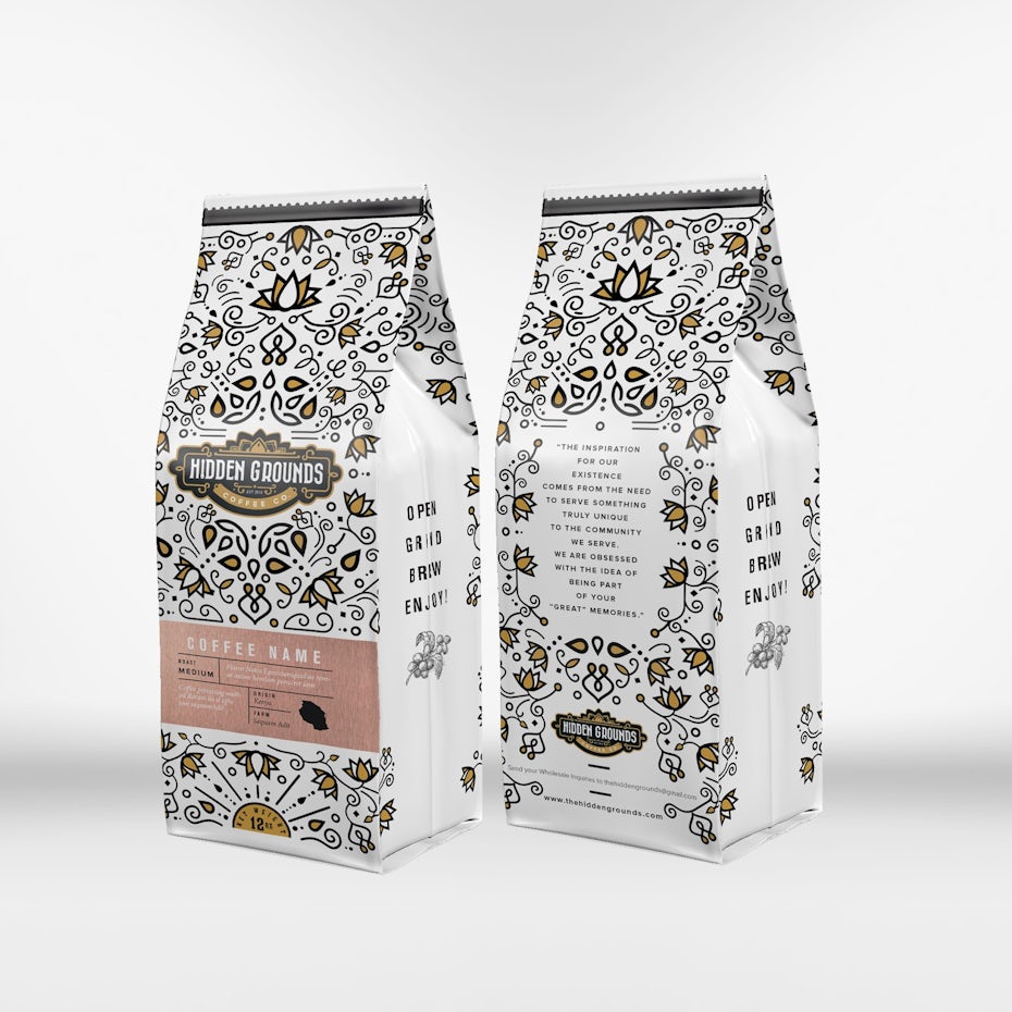 white coffee packaging with an intricate yellow and black pattern