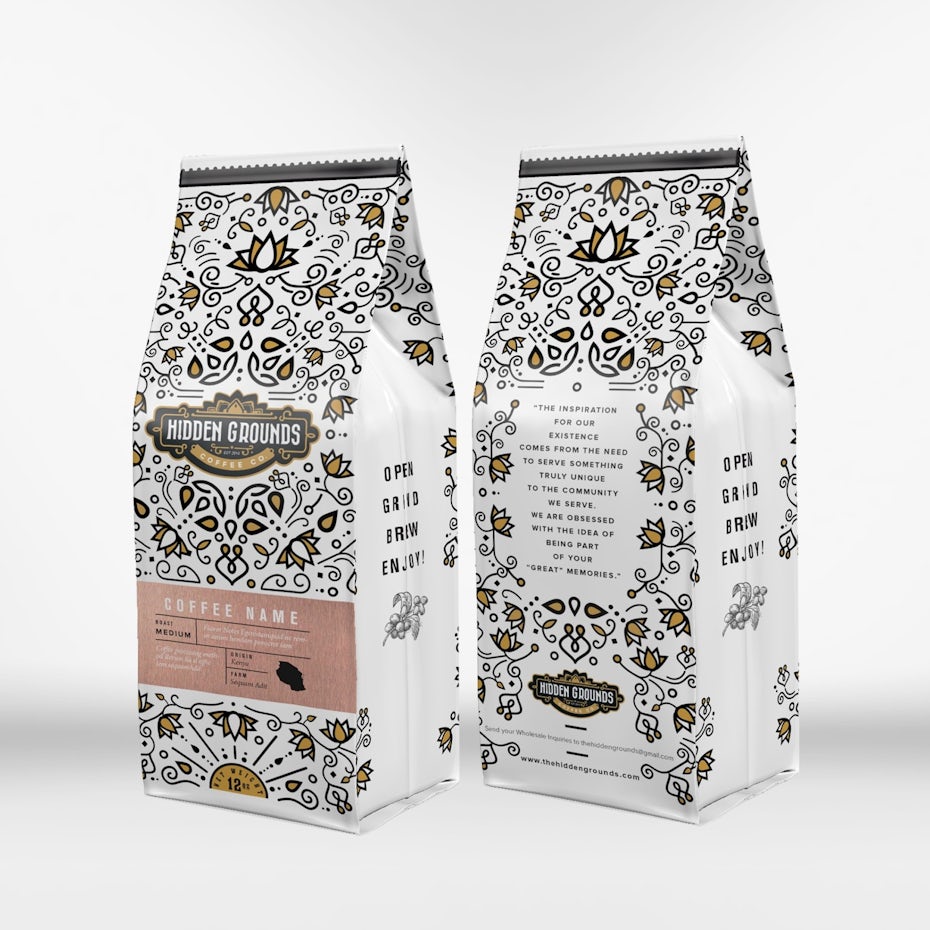 symmetry packaging design trend: white coffee packaging with an intricate yellow and black pattern