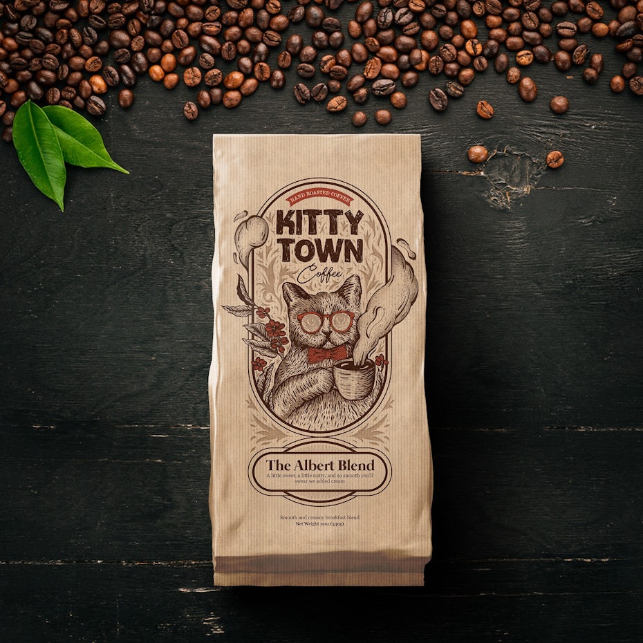 story-driven packaging design trend: coffee bean package showing a cat with sunglasses and a cup of coffee