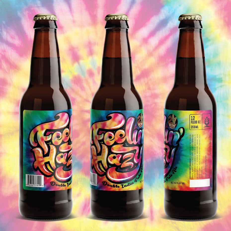 beer bottles with tie-dye text labels
