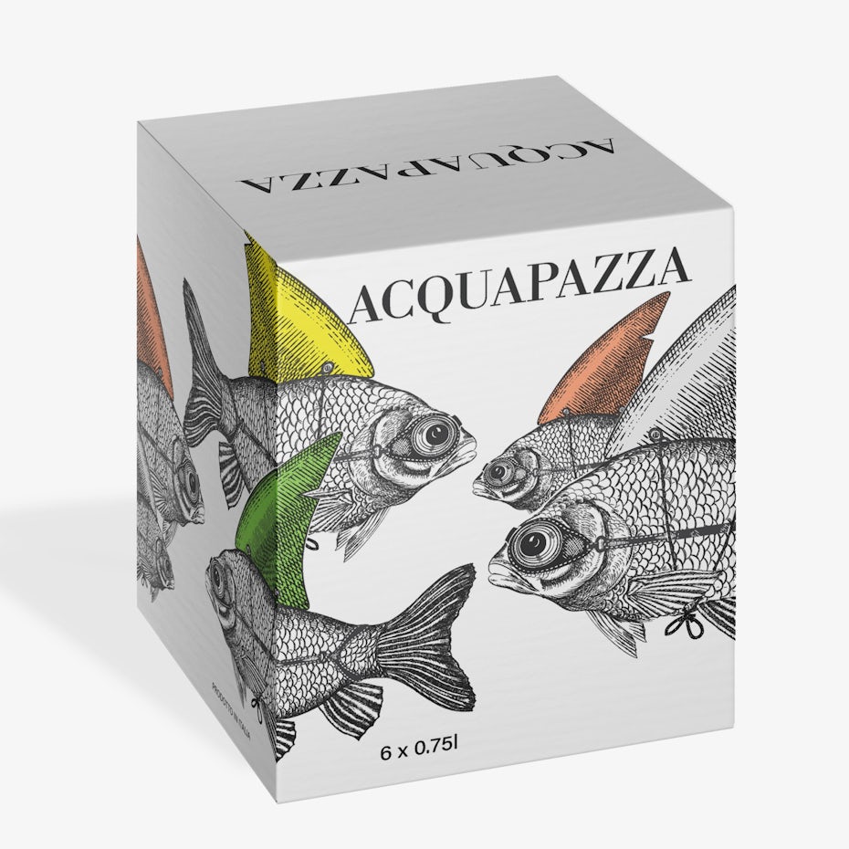 anatomical drawing packaging design trend: box showing illustrations of fish wearing goggles