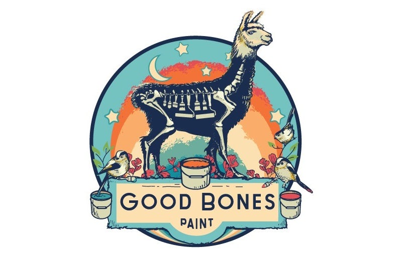 multicolored paint label and logo featuring a skeletal llama