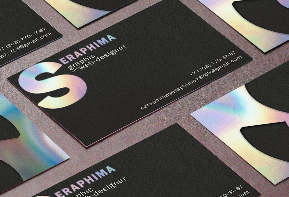 black business card with pearly gradient in the logo