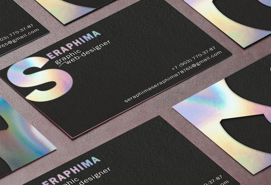 black business card with pearly gradient in the logo