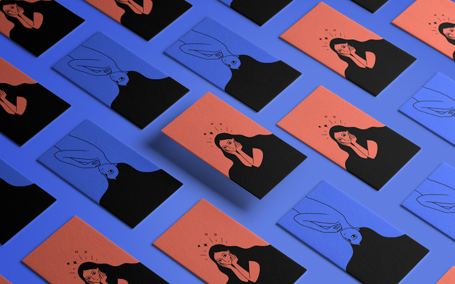 two business cards, one red and one purple, each with an image of a woman in black
