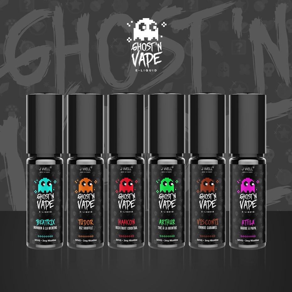 set of vape liquids with retro video game ghosts on them