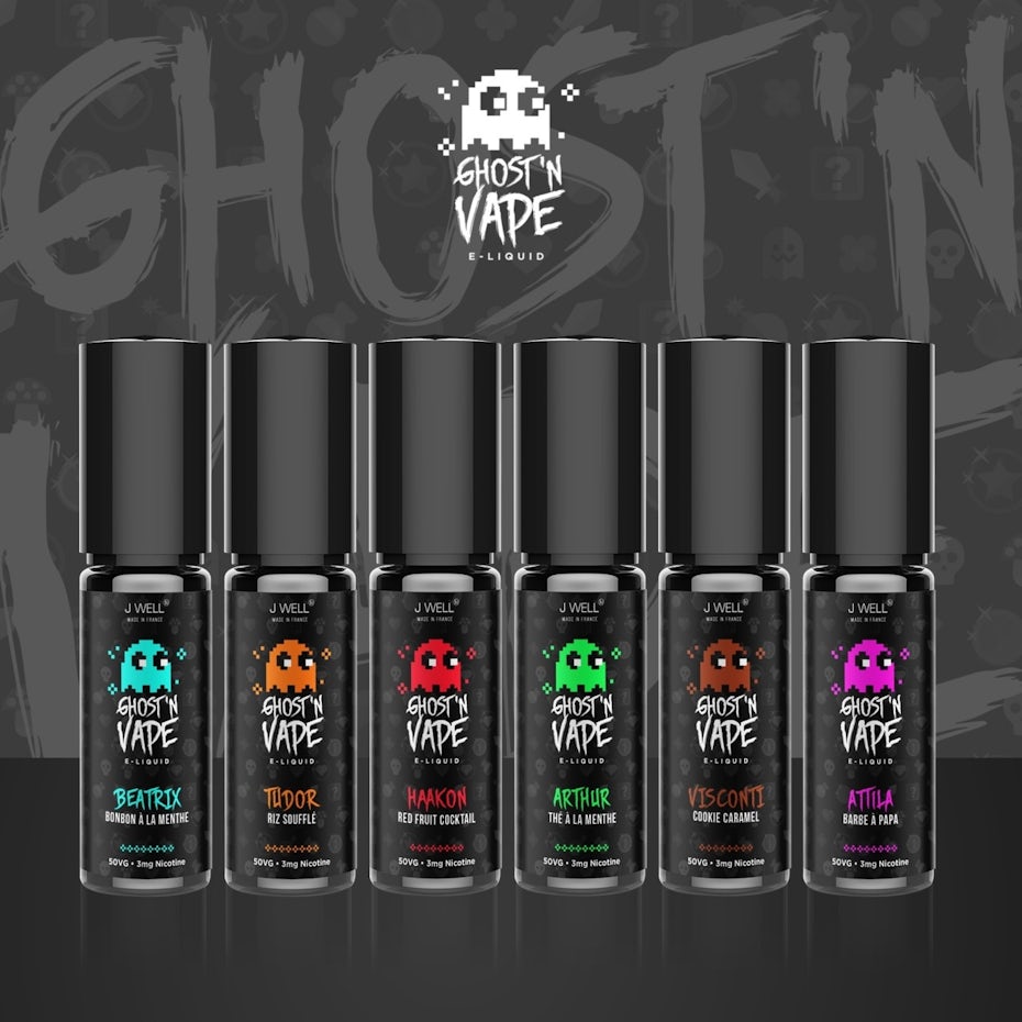 set of vape liquids with retro video game ghosts on them