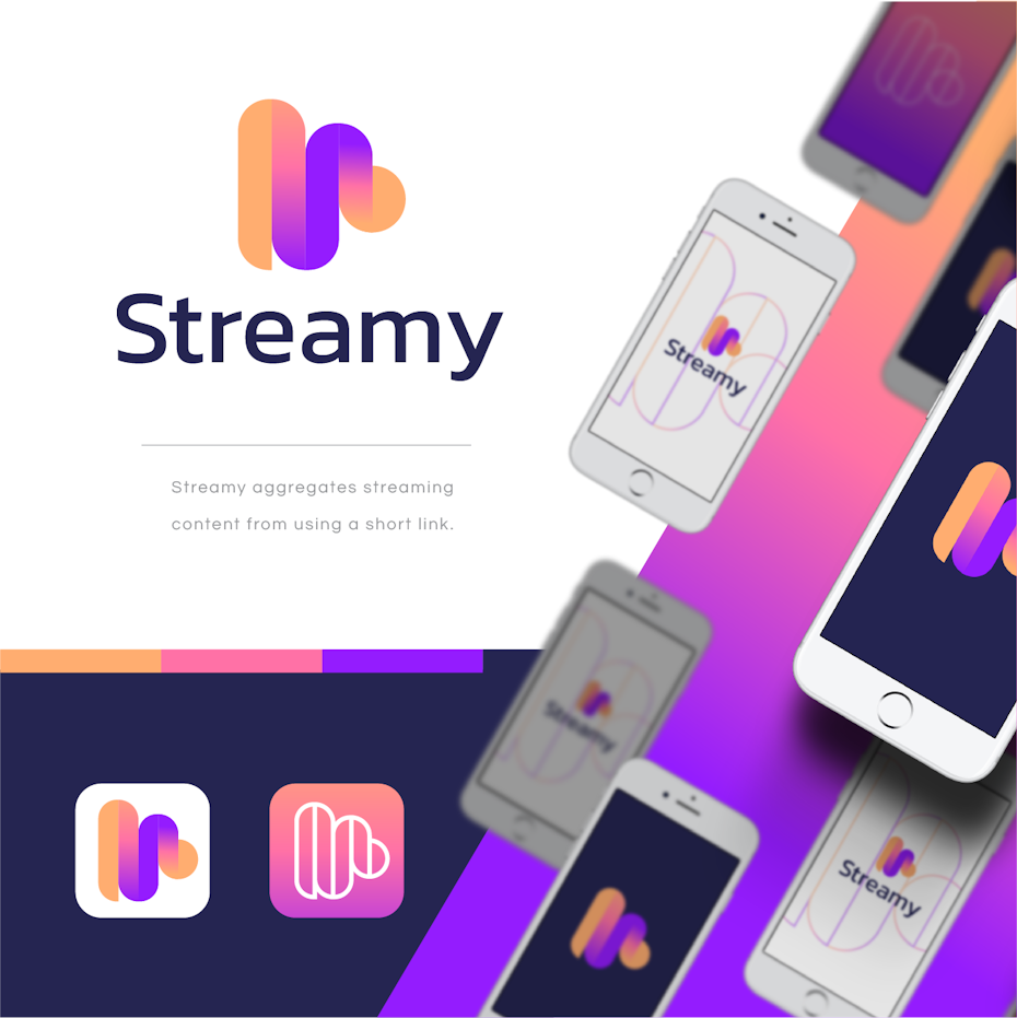 set of bold purple and tan gradient logo and branding assets