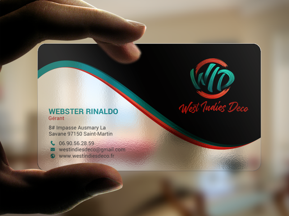 translucent business card with a dark gray section with red and green in the design