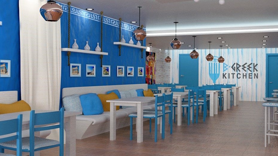 3D render of a Greek restaurant in blue and white