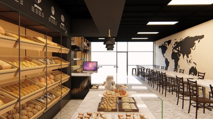 3D render of a bakery interior