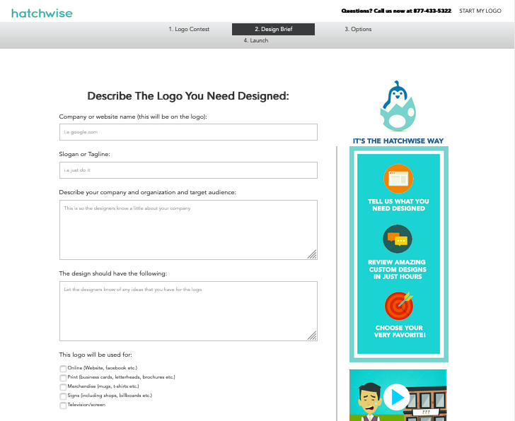 Screenshots from Hatchwise logo design contest brief.