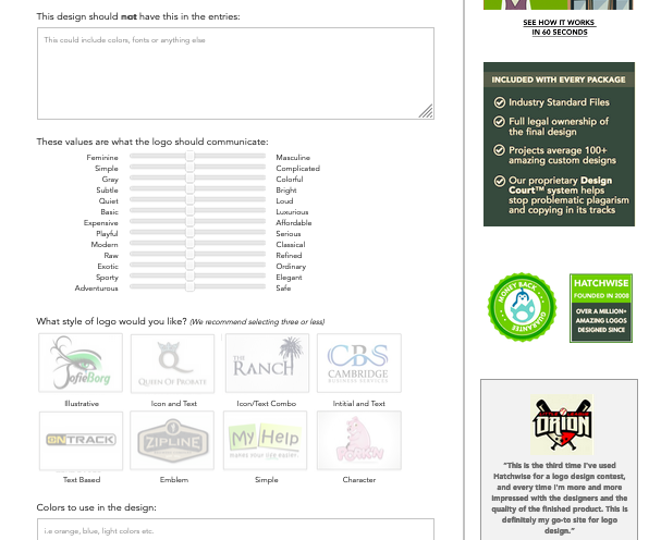 Screenshots from Hatchwise logo design contest brief.