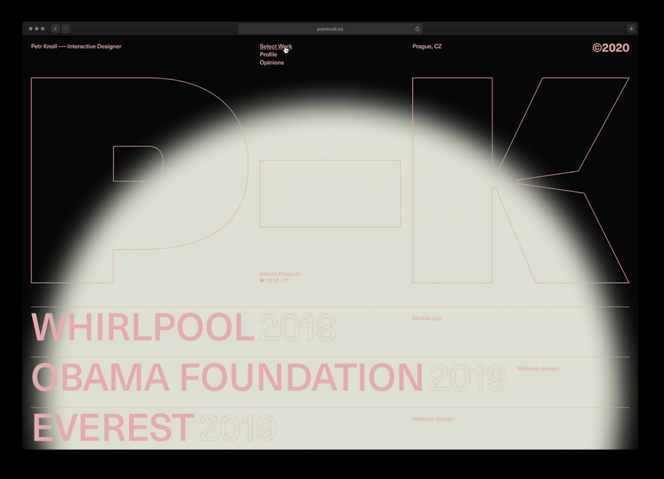 Online portfolio of interactive developer in dark mode