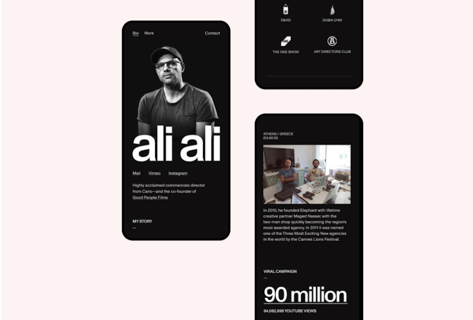 Commercials director’s online portfolio mobile device