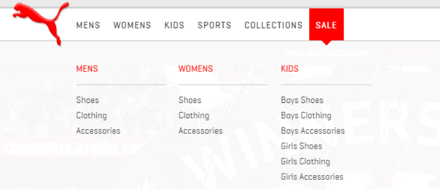 Puma Website mit dropdown-menü