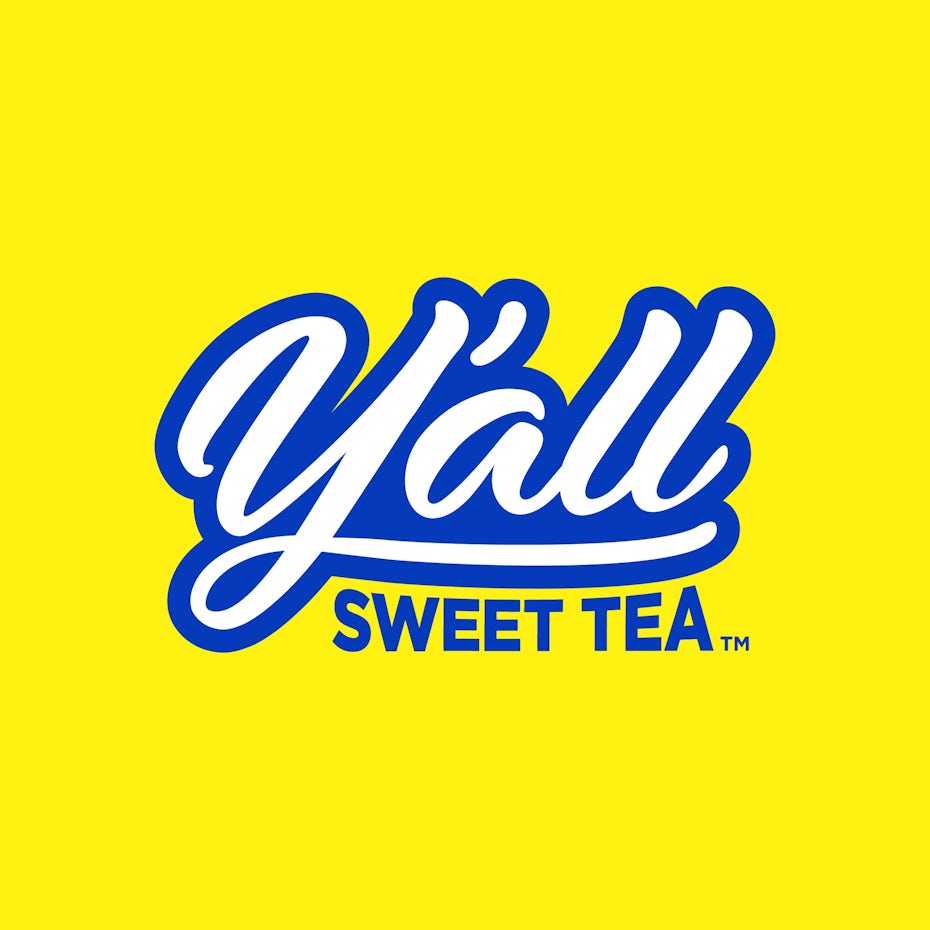gelbes Logo mit weißem Text in blau umrandet