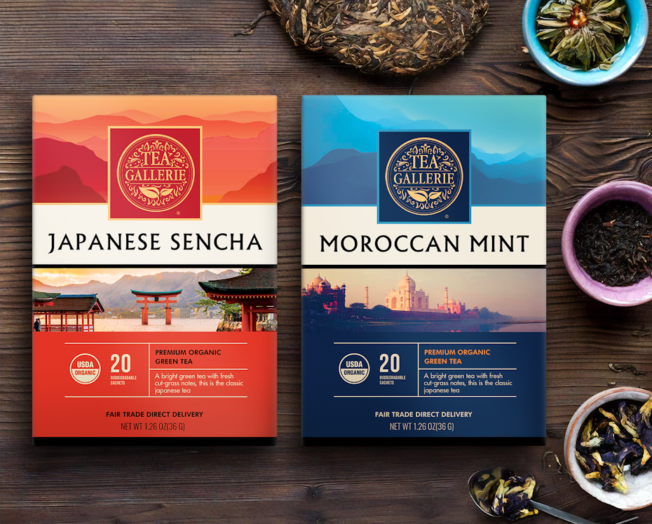 two tea boxes side by side, one blue with Moroccan mint and one red with Japanese sencha